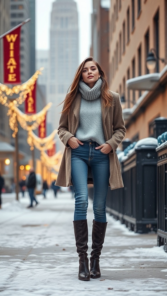 Model in winter outfit with knit sweater and wool coat in a decorated New York City street.